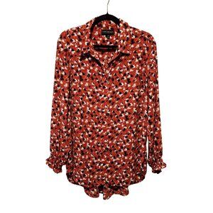 Lane Bryant Red & Black Like New Floral Button-Down Blouse Size 14/16 With Ruffl